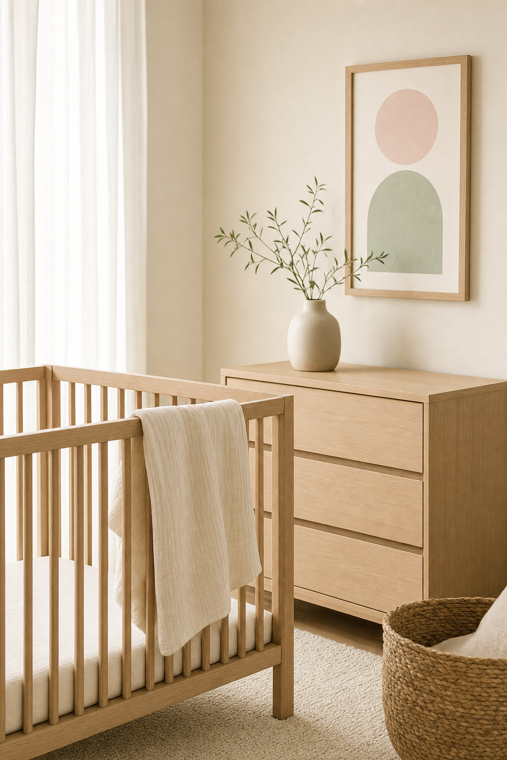 A calm nursery corner: a light oak crib with a muslin blanket over the rail, an oak dresser and a vase of branches